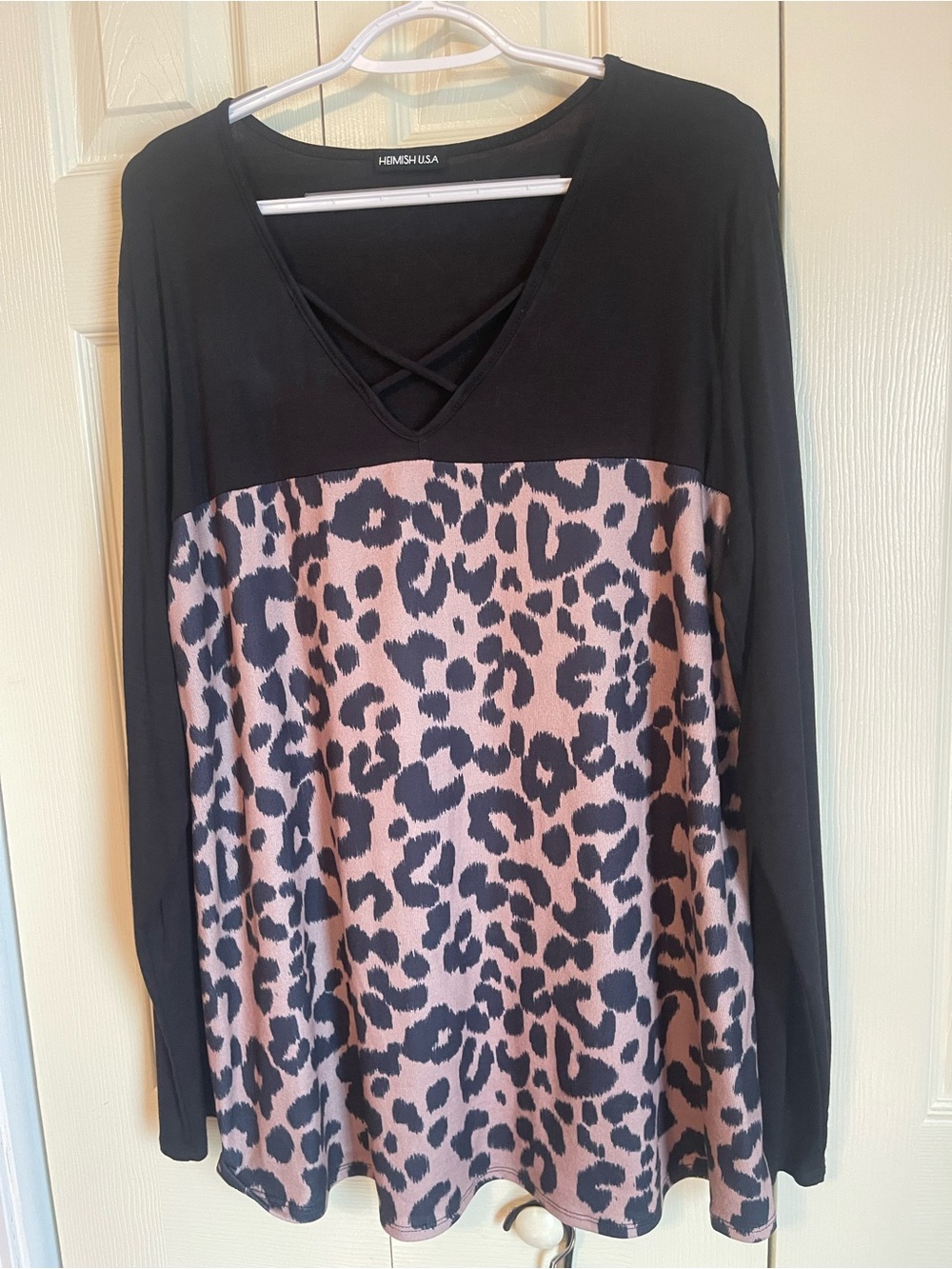 HEIMISH USA Black and Blush Leopard Crisscross V-Neck Tunic